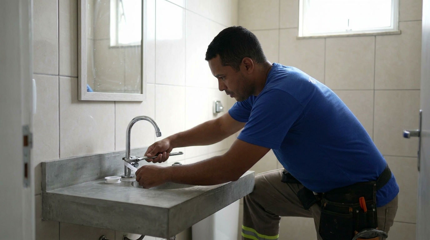 Encanador instalando torneira em Toledo‑PR