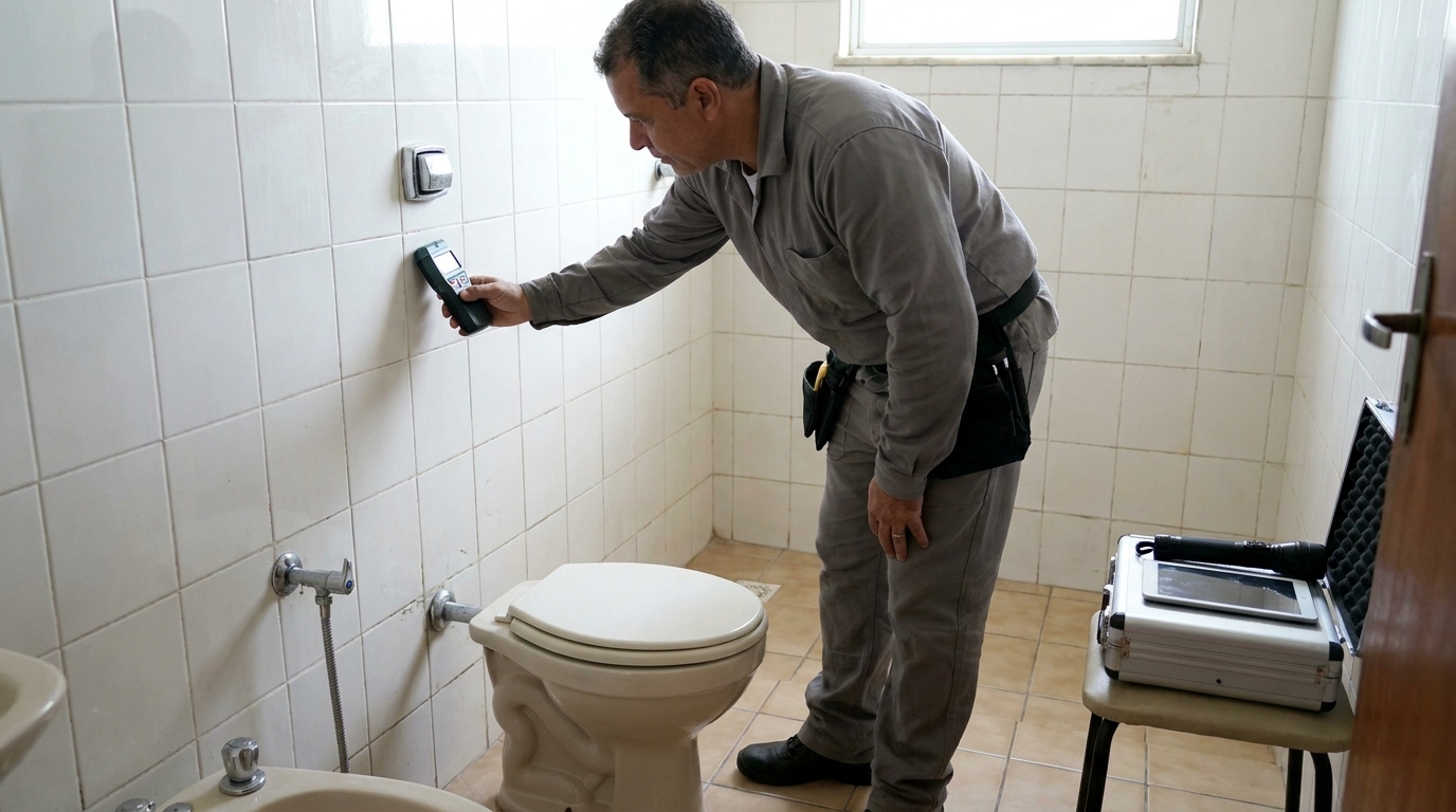 Técnico de caça vazamento analisando tubulação em Toledo‑PR
